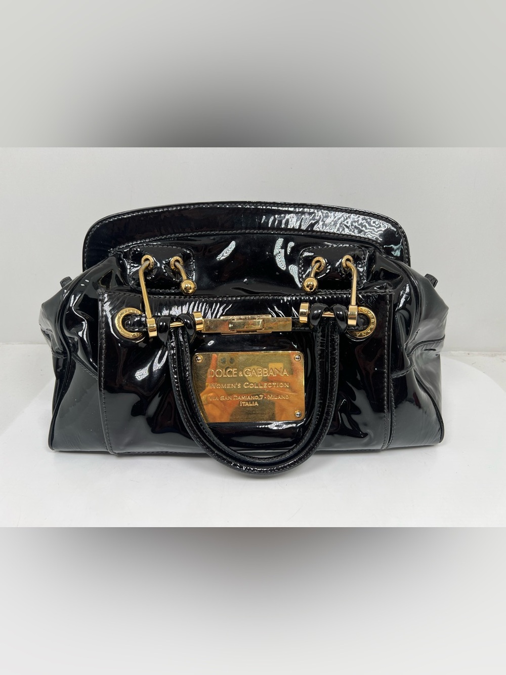 Dolce & Gabbana Black Patent Leather Top Handle Handbag Gold Hardware